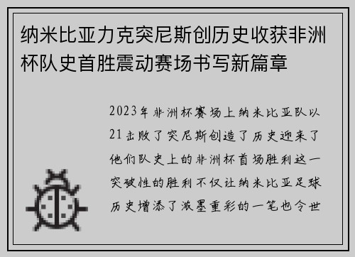 纳米比亚力克突尼斯创历史收获非洲杯队史首胜震动赛场书写新篇章